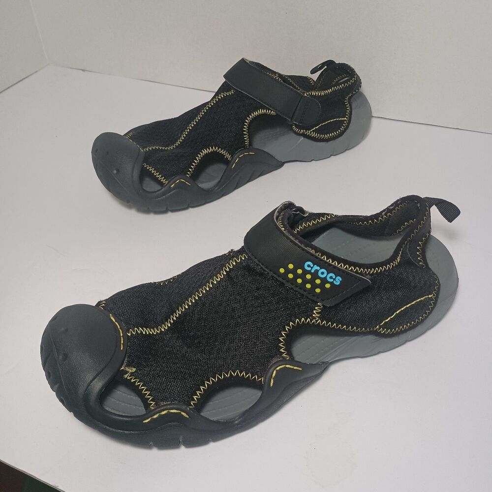 Crocs Swiftwater Black Mesh Fisherman Deck Sandals Men's Sz 12 Ankle Strap 15041